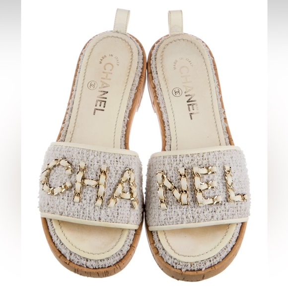 Chanel CC 2021 Chain Pool Tweed Cork Heels Mule Sandals Slides Shoes - Picture 3 of 13